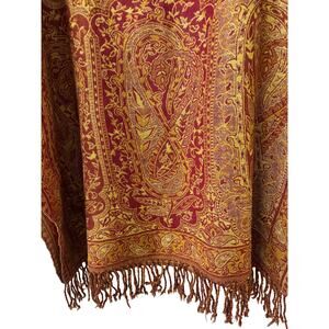 Red Gold Wool Silk Scarf Vintage 70” Long 28” Wide Fringe Shaw Wrap Boho Classic